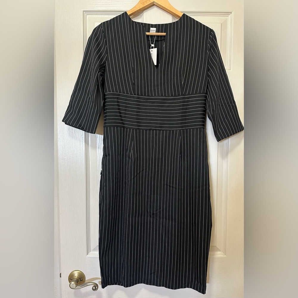 Black Pinstripe Sheath Dress - Size M.